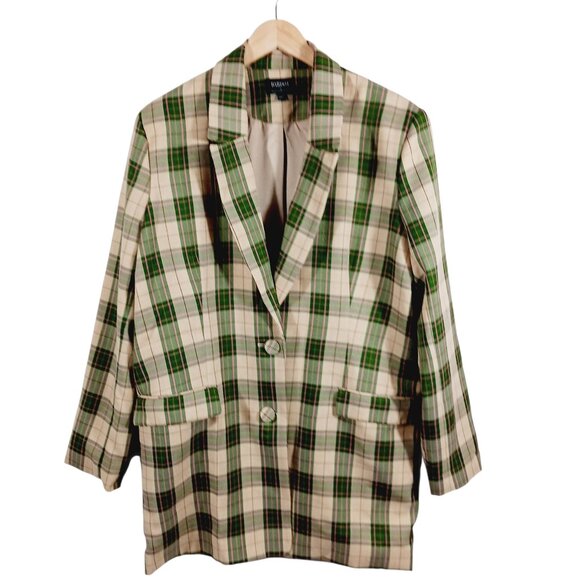 Bardot, Plaid Long Blazer Jacket Green & Soft Gold, Pink Highlight Medium Preppy - Picture 1 of 15